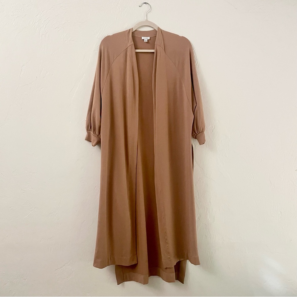 Cuyana S/M French‎ Terry Long-line Split Sides Open Front Cardigan in Camel Tan